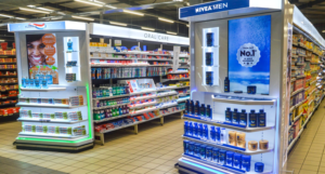 In-store, offline retail media - end stands in a drug store